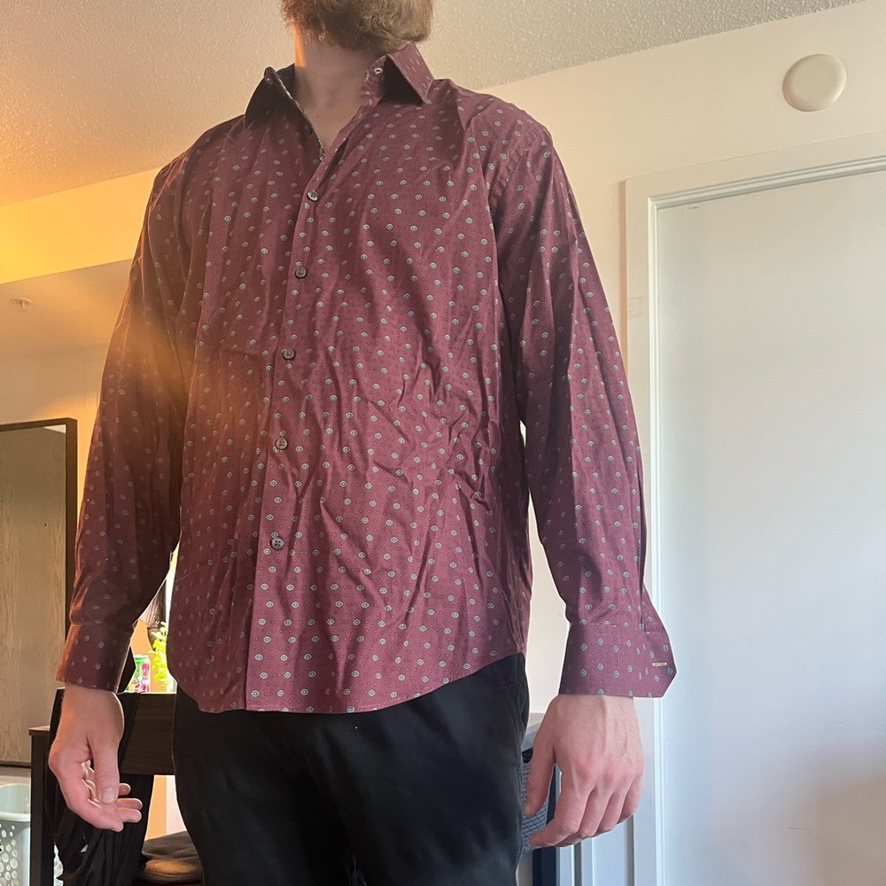 Report Collection Burgundy Patterned Button Down Shirt